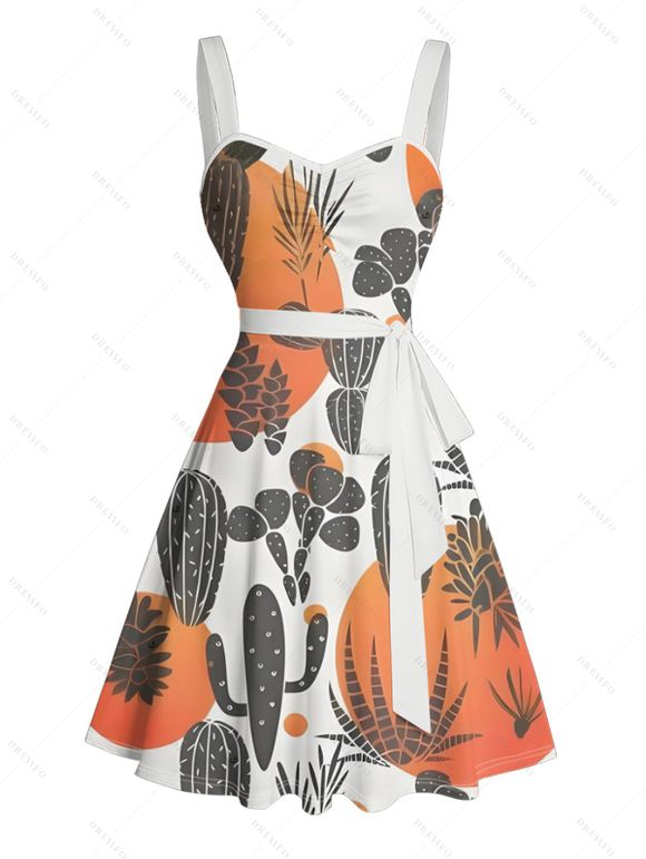 Robe de vacances à motif cactus colorblock, buste froncé, ceinture, col en cœur, coupe trapèze, mini, décontractée - Orange XXXXXL | US 20