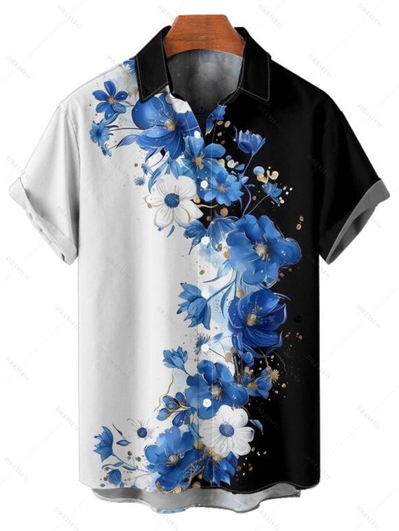 Chemise de vacances à motif floral colorblock pour homme, chemise décontractée à manches courtes et boutons floraux retroussables - Noir 5XL
