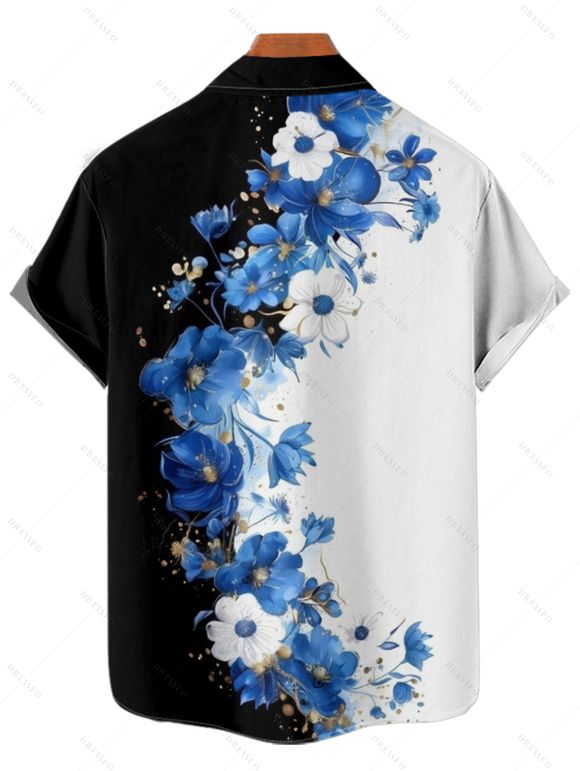Chemise de vacances à motif floral colorblock pour homme, chemise décontractée à manches courtes et boutons floraux retroussables - Noir 2XL