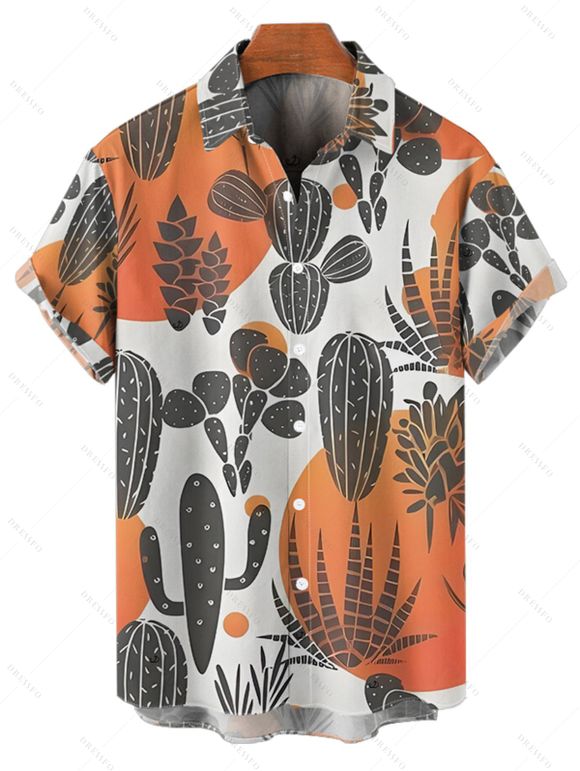 Chemise de vacances à motif cactus colorblock pour homme, boutonnée, retroussée, manches courtes, décontractée - Orange 5XL