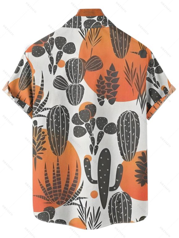 Chemise de vacances à motif cactus colorblock pour homme, boutonnée, retroussée, manches courtes, décontractée - Orange 5XL