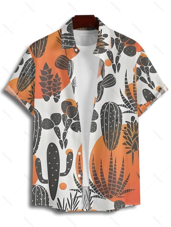 Chemise de vacances à motif cactus colorblock pour homme, boutonnée, retroussée, manches courtes, décontractée - Orange 5XL