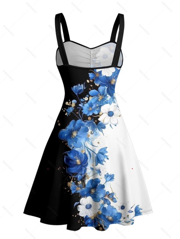 Robe de vacances à motif floral colorblock, buste froncé, col en cœur, coupe trapèze, mini, décontractée - Noir XXXXXL | US 20