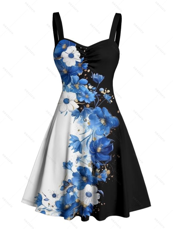 Vacation Couple Outfit Colorblock Flower Pattern Ruched Bust Floral Sweetheart Neck A Line Mini Dress and Button Up Shirt Matching Outfit - Noir S | US 4