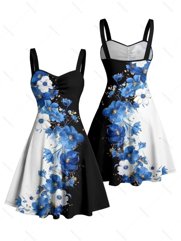 Vacation Couple Outfit Colorblock Flower Pattern Ruched Bust Floral Sweetheart Neck A Line Mini Dress and Button Up Shirt Matching Outfit - Noir S | US 4