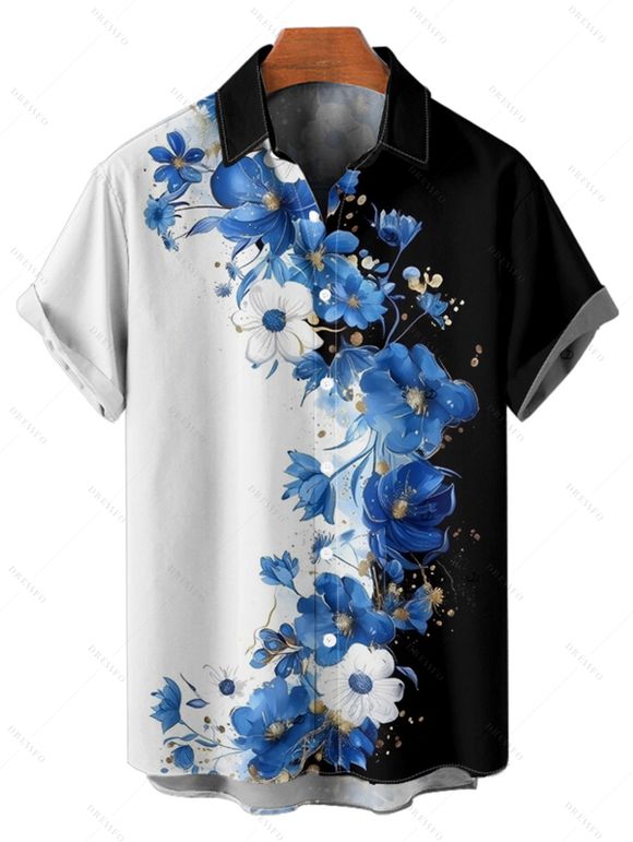 Vacation Couple Outfit Colorblock Flower Pattern Ruched Bust Floral Sweetheart Neck A Line Mini Dress and Button Up Shirt Matching Outfit - Noir S | US 4