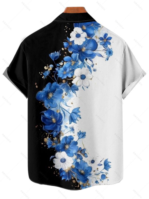 Vacation Couple Outfit Colorblock Flower Pattern Ruched Bust Floral Sweetheart Neck A Line Mini Dress and Button Up Shirt Matching Outfit - Noir S | US 4