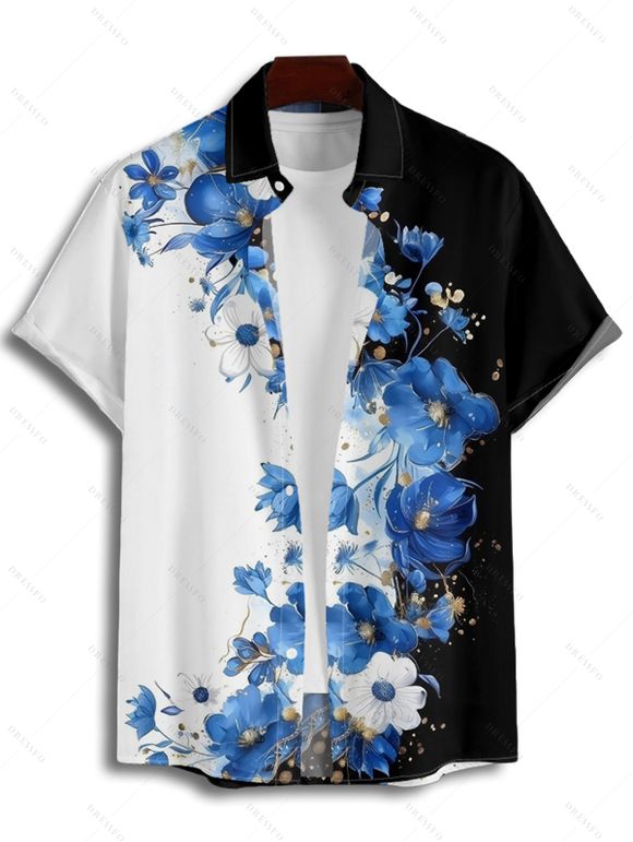 Vacation Couple Outfit Colorblock Flower Pattern Ruched Bust Floral Sweetheart Neck A Line Mini Dress and Button Up Shirt Matching Outfit - Noir S | US 4