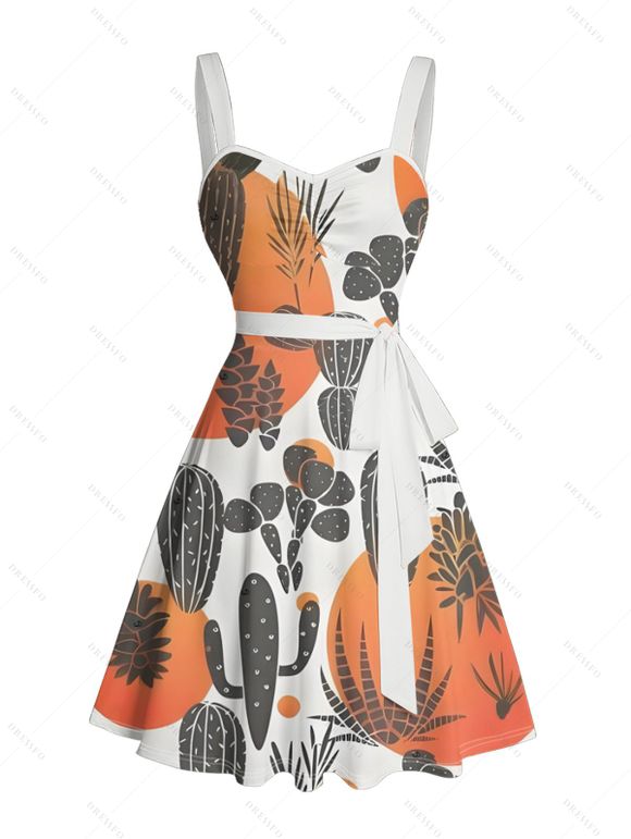 Vacation Couple Outfit Colorblock Cactus Pattern Ruched Bust Belt Sweetheart Neck A Line Mini Dress and Button Up Shirt Matching Outfit - Orange S | US 4