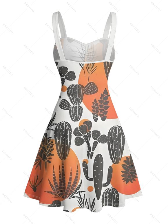 Vacation Couple Outfit Colorblock Cactus Pattern Ruched Bust Belt Sweetheart Neck A Line Mini Dress and Button Up Shirt Matching Outfit - Orange S | US 4