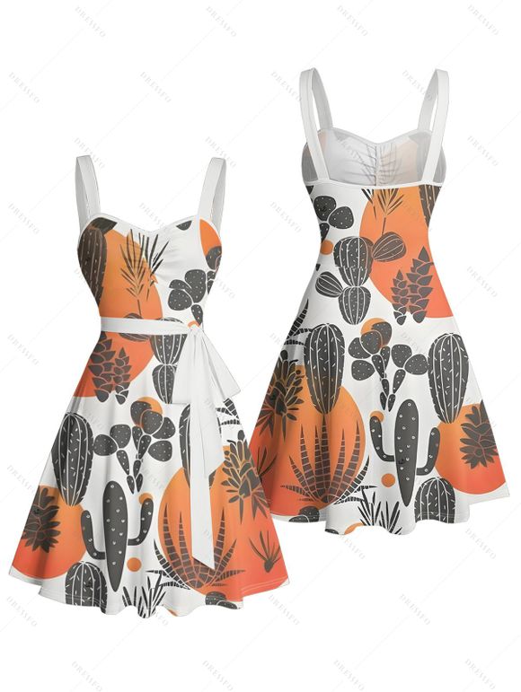 Vacation Couple Outfit Colorblock Cactus Pattern Ruched Bust Belt Sweetheart Neck A Line Mini Dress and Button Up Shirt Matching Outfit - Orange S | US 4