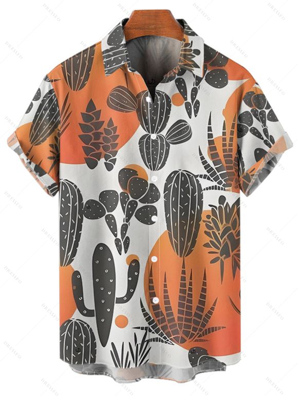 Vacation Couple Outfit Colorblock Cactus Pattern Ruched Bust Belt Sweetheart Neck A Line Mini Dress and Button Up Shirt Matching Outfit - Orange S | US 4