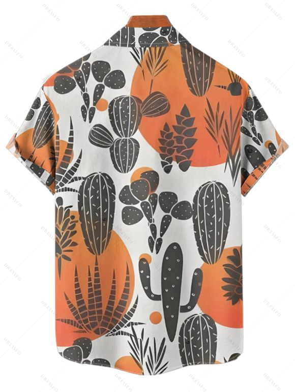 Vacation Couple Outfit Colorblock Cactus Pattern Ruched Bust Belt Sweetheart Neck A Line Mini Dress and Button Up Shirt Matching Outfit - Orange S | US 4