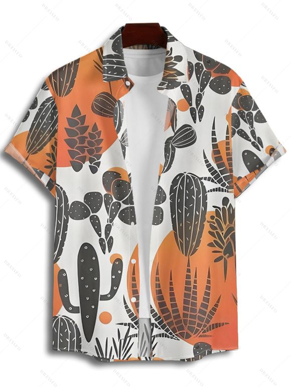 Vacation Couple Outfit Colorblock Cactus Pattern Ruched Bust Belt Sweetheart Neck A Line Mini Dress and Button Up Shirt Matching Outfit - Orange S | US 4