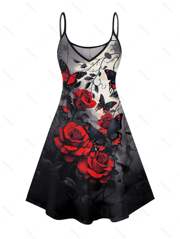 Robe gothique à motif papillon et rose, bretelles spaghetti, col en V, coupe trapèze, mini-robe de vacances - Rouge foncé S | US 4