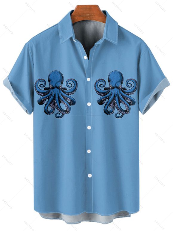 Vacation Couple Outfit Octopus Pattern Marine Life Ruched Bust Belt Dress and Button Up Shirt Beach Matching Outfit - Bleu Ciel S | US 4