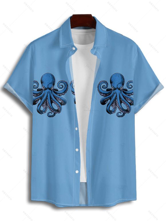 Vacation Couple Outfit Octopus Pattern Marine Life Ruched Bust Belt Dress and Button Up Shirt Beach Matching Outfit - Bleu Ciel S | US 4