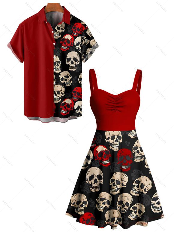 Gothic Couple Outfit Retro Colorblock Skulls Print Ruched Bust Sweetheart Neck A Line Mini Dress and Button Up Shirt Holiday Matching Outfit - Noir S | US 4
