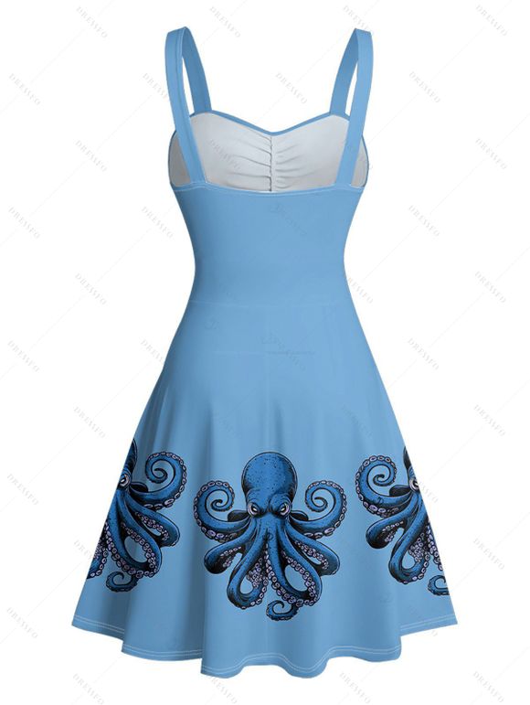 Robe de vacances à motif pieuvre, motif vie marine, buste froncé, ceinture, col en cœur, mini robe de plage trapèze - Bleu Ciel XXXXXL | US 20