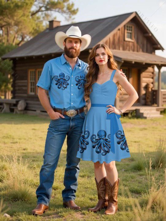 Vacation Couple Outfit Octopus Pattern Marine Life Ruched Bust Belt Dress and Button Up Shirt Beach Matching Outfit - Bleu Ciel S | US 4