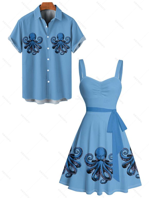 Vacation Couple Outfit Octopus Pattern Marine Life Ruched Bust Belt Dress and Button Up Shirt Beach Matching Outfit - Bleu Ciel S | US 4