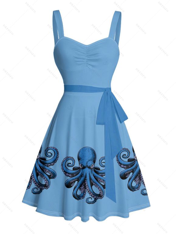 Robe de vacances à motif pieuvre, motif vie marine, buste froncé, ceinture, col en cœur, mini robe de plage trapèze - Bleu Ciel XXXXXL | US 20
