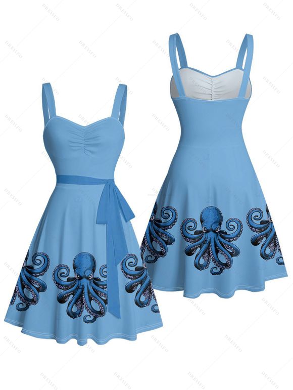 Robe de vacances à motif pieuvre, motif vie marine, buste froncé, ceinture, col en cœur, mini robe de plage trapèze - Bleu Ciel XXXXXL | US 20