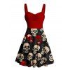 Robe gothique rétro à imprimé tête de mort et buste froncé, col en cœur, coupe trapèze, mini robe de vacances - Noir S | US 4