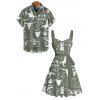 Vacation Couple Outfit Western Cowboy Style Pattern Cactus Letter Ruched Bust Belt Dress and Button Up Shirt Cottagecore Matching Outfit - Vert profond S | US 4