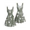 Robe de vacances style cowboy western, motif cactus, lettre, buste froncé, ceinture, col en cœur, ligne A, mini robe cottagecore - Vert profond XXXXXL | US 20