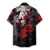 Men's Rose Butterfly Pattern Gothic Shirt Button Up Roll Up Short Sleeve Vacation Shirt - DEEP RED L