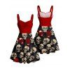 Gothic Couple Outfit Retro Colorblock Skulls Print Ruched Bust Sweetheart Neck A Line Mini Dress and Button Up Shirt Holiday Matching Outfit - Noir S | US 4