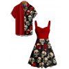 Gothic Couple Outfit Retro Colorblock Skulls Print Ruched Bust Sweetheart Neck A Line Mini Dress and Button Up Shirt Holiday Matching Outfit - Noir S | US 4