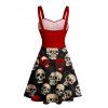 Gothic Couple Outfit Retro Colorblock Skulls Print Ruched Bust Sweetheart Neck A Line Mini Dress and Button Up Shirt Holiday Matching Outfit - Noir S | US 4