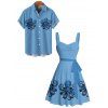 Vacation Couple Outfit Octopus Pattern Marine Life Ruched Bust Belt Dress and Button Up Shirt Beach Matching Outfit - Bleu Ciel S | US 4