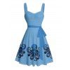 Robe de vacances à motif pieuvre, motif vie marine, buste froncé, ceinture, col en cœur, mini robe de plage trapèze - Bleu Ciel XXXXXL | US 20