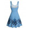 Robe de vacances à motif pieuvre, motif vie marine, buste froncé, ceinture, col en cœur, mini robe de plage trapèze - Bleu Ciel XXXXXL | US 20