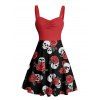 Robe gothique rétro à imprimé tête de mort et buste froncé, col en cœur, coupe trapèze, mini robe de vacances - Rouge foncé XXXXXL | US 20
