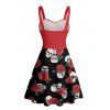 Robe gothique rétro à imprimé tête de mort et buste froncé, col en cœur, coupe trapèze, mini robe de vacances - Rouge foncé XXXXXL | US 20