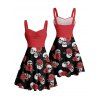 Robe gothique rétro à imprimé tête de mort et buste froncé, col en cœur, coupe trapèze, mini robe de vacances - Rouge foncé XXXXXL | US 20