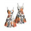 Robe de vacances à motif cactus colorblock, buste froncé, ceinture, col en cœur, coupe trapèze, mini, décontractée - Orange XXXXXL | US 20