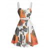 Robe de vacances à motif cactus colorblock, buste froncé, ceinture, col en cœur, coupe trapèze, mini, décontractée - Orange XXXXXL | US 20