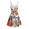 Robe de vacances à motif cactus colorblock, buste froncé, ceinture, col en cœur, coupe trapèze, mini, décontractée - Orange XXXXXL | US 20