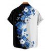 Chemise de vacances à motif floral colorblock pour homme, chemise décontractée à manches courtes et boutons floraux retroussables - Noir 5XL