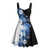 Robe de vacances à motif floral colorblock, buste froncé, col en cœur, coupe trapèze, mini, décontractée - Noir XXXXXL | US 20