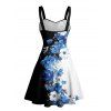 Robe de vacances à motif floral colorblock, buste froncé, col en cœur, coupe trapèze, mini, décontractée - Noir XXXXXL | US 20
