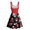 Gothic Couple Outfit Retro Colorblock Skulls Print Ruched Bust Sweetheart Neck A Line Mini Dress and Button Up Shirt Holiday Matching Outfit - Rouge foncé S | US 4