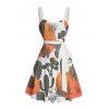 Vacation Couple Outfit Colorblock Cactus Pattern Ruched Bust Belt Sweetheart Neck A Line Mini Dress and Button Up Shirt Matching Outfit - Orange S | US 4
