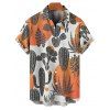 Vacation Couple Outfit Colorblock Cactus Pattern Ruched Bust Belt Sweetheart Neck A Line Mini Dress and Button Up Shirt Matching Outfit - Orange S | US 4