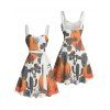 Vacation Couple Outfit Colorblock Cactus Pattern Ruched Bust Belt Sweetheart Neck A Line Mini Dress and Button Up Shirt Matching Outfit - Orange S | US 4